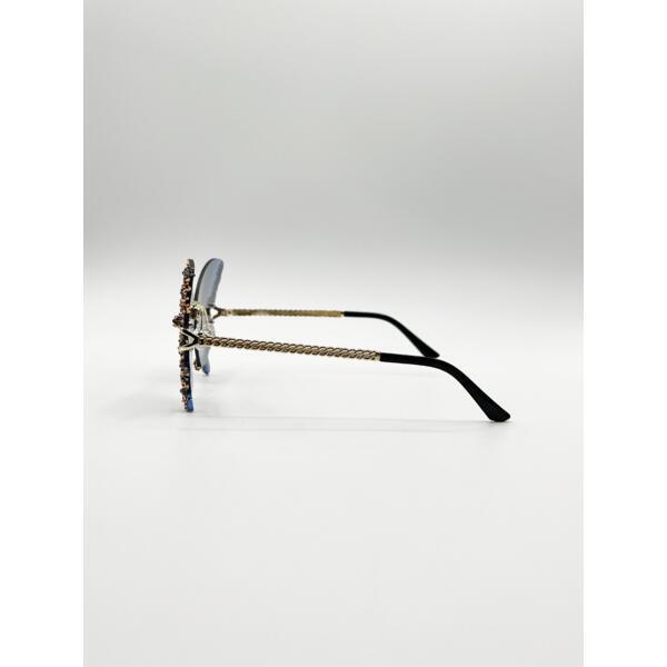 SVNX butterfly sunglasses blue crystal detail gold metal frame, imported from the UK