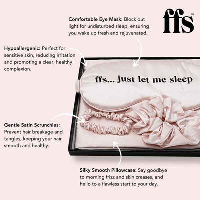 FFS Beauty Satin Schlaf-Set Rosa Kissenbezug Schlafmaske Haargummi