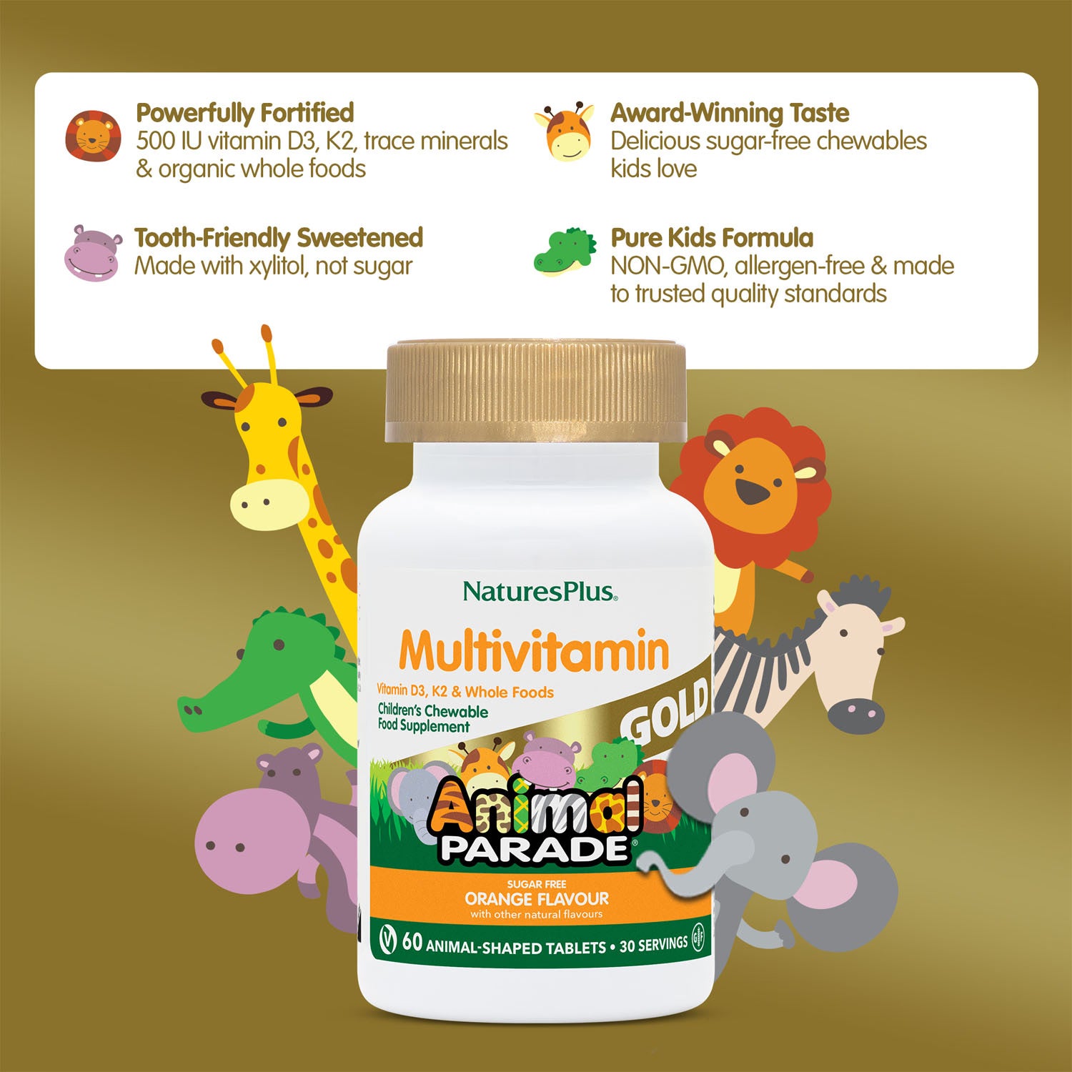 NaturesPlus Animal Parade GOLD orange multivitamin chewable 60 tablets (British brand)