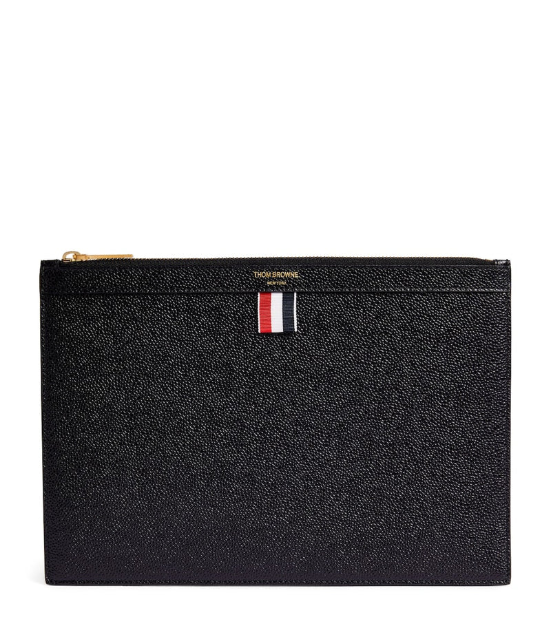 Thom Browne small leather pouch featuring iconic tricolour stripe, UK version