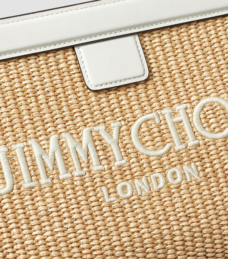 Jimmy Choo raffia leather-trim Avenue pouch, UK version