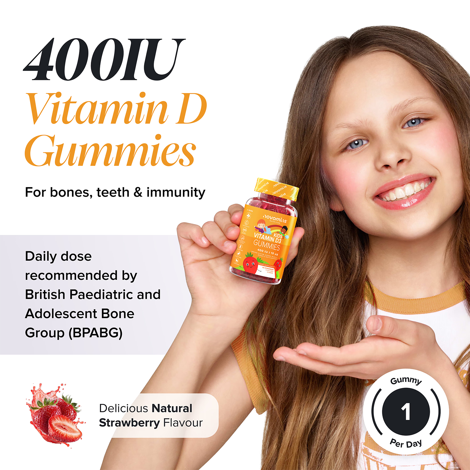 Novomins kids vitamin D3 gummies strawberry 90 gummies, imported from the UK