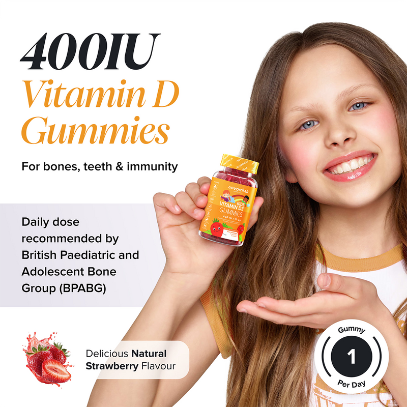 Novomins kids vitamin D3 gummies strawberry 90 gummies, imported from the UK