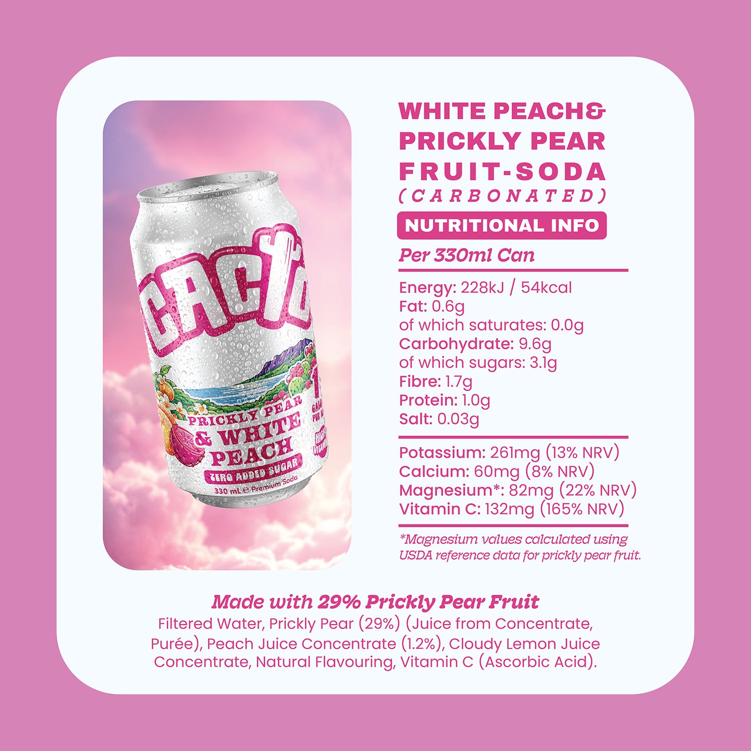 Cacto prickly pear peach soda 330ml, UK version