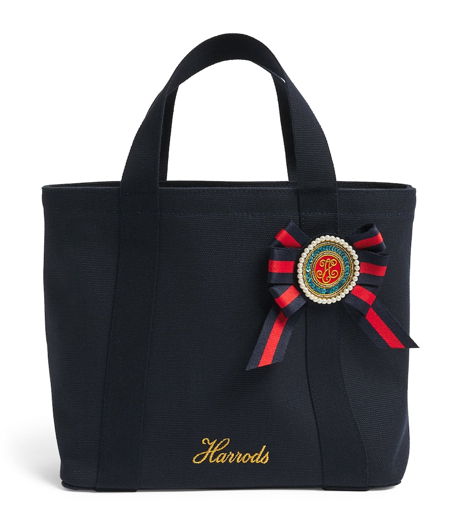 Harrods small cotton canvas tote bag with rosette brooch, imported from the UK