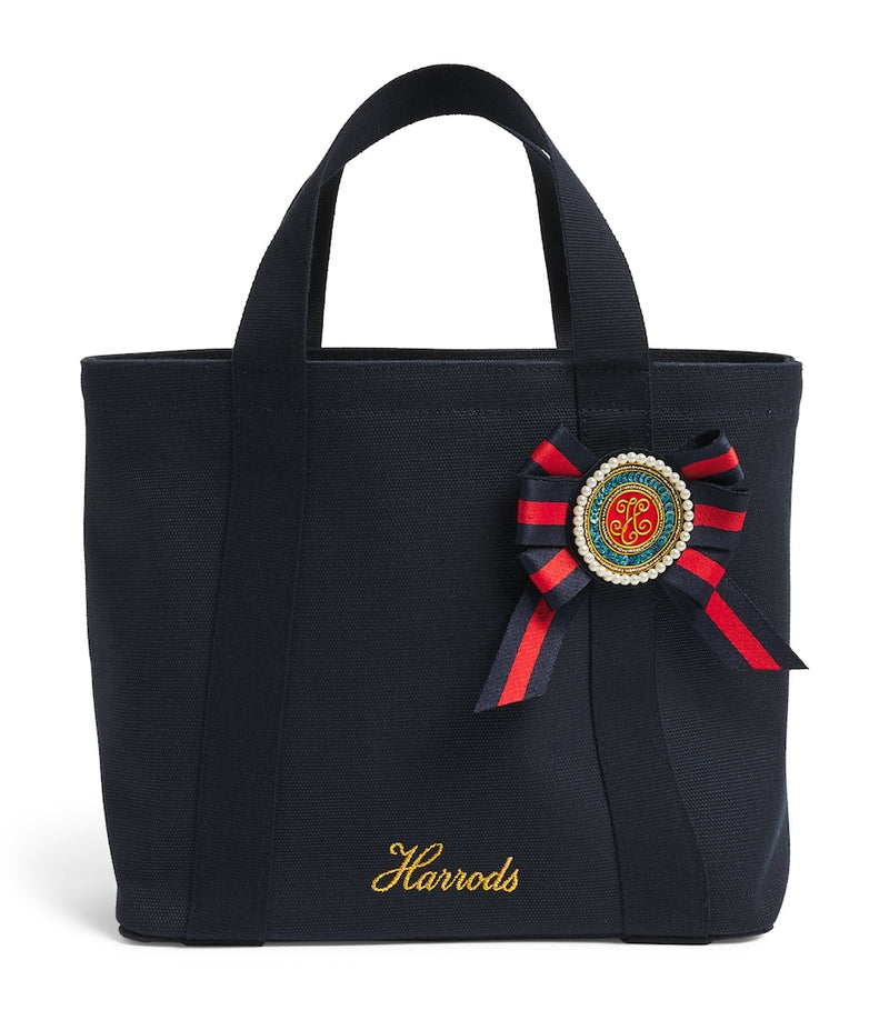 Harrods small cotton canvas tote bag with rosette brooch, imported from the UK