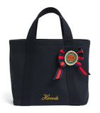 Harrods small cotton canvas tote bag with rosette brooch, imported from the UK