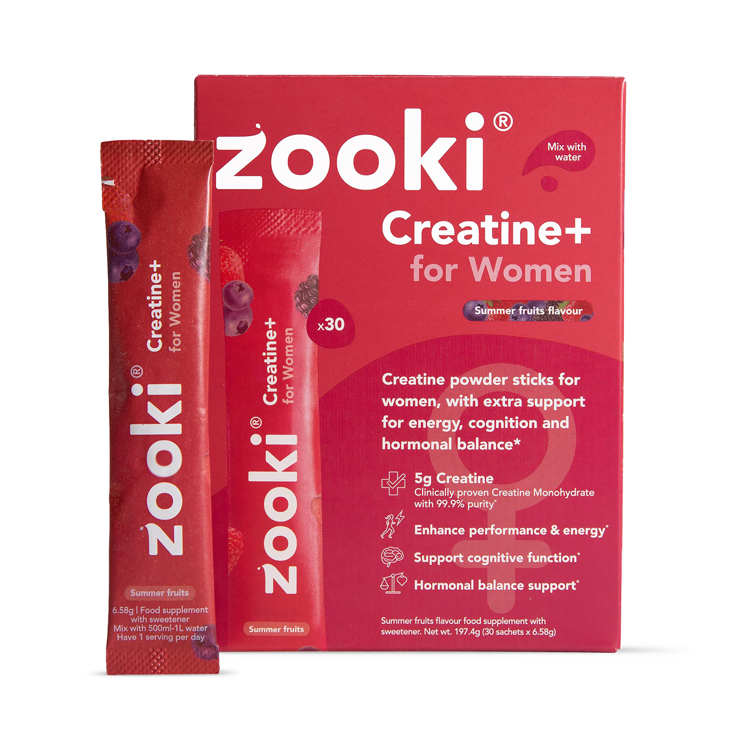 Zooki Creatine+ for Women powder Summer Fruits flavour 30 sachets (British brand)