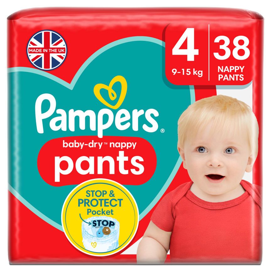 Pampers Baby-Dry Nappy Pants Size 4, 38 Nappies, 9kg-15kg, Essential Pack