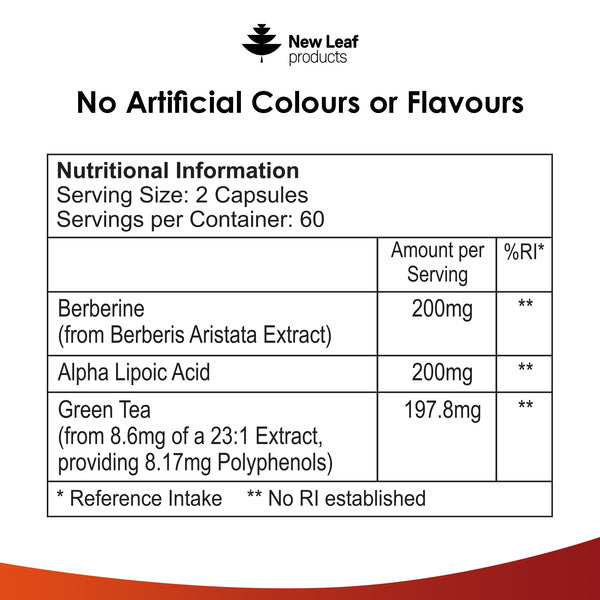 New Leaf Berberine + ALA & Green Tea 120 Vegan Capsules, UK version