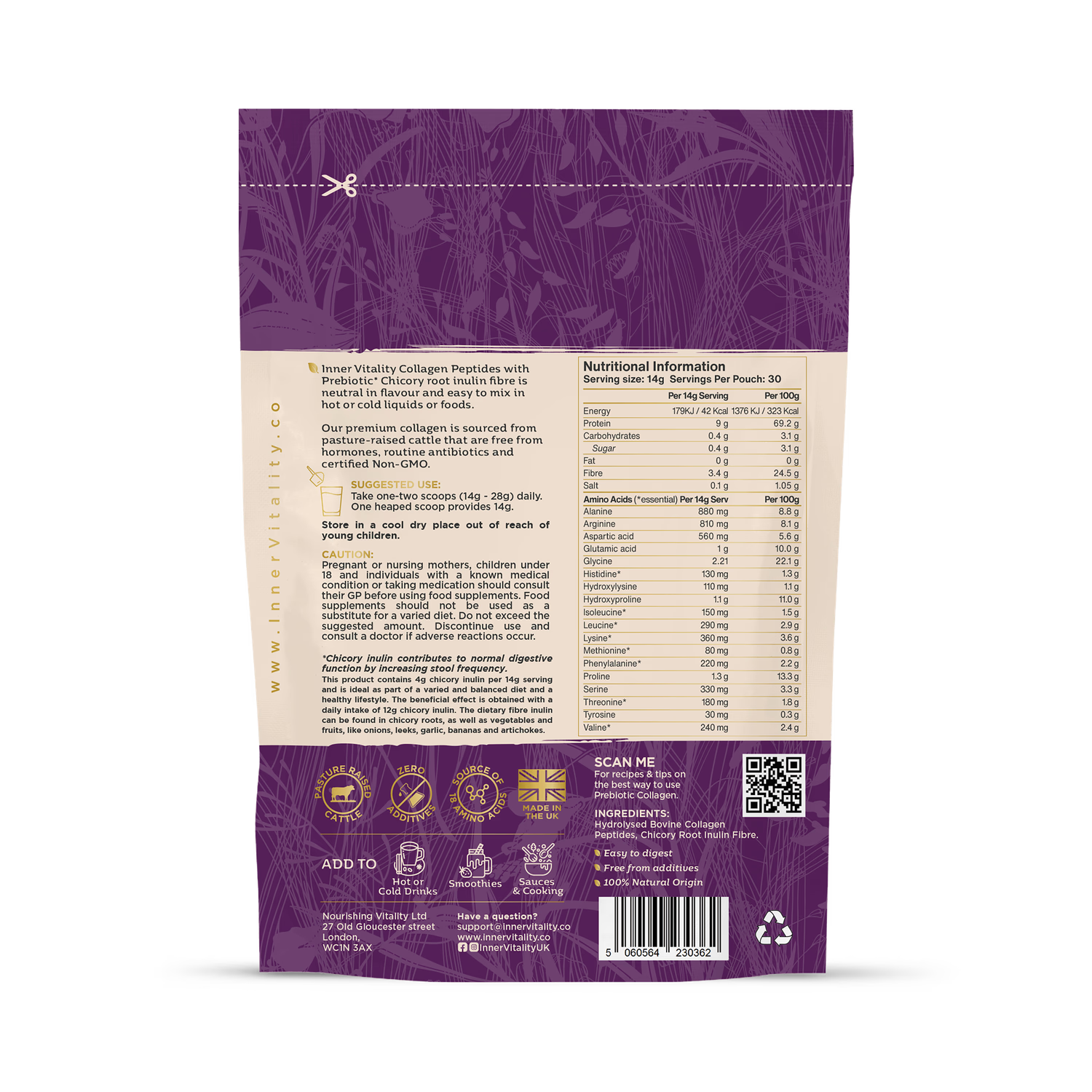 Inner Vitality Prebiotic Collagen Powder unflavoured 30 servings - British product