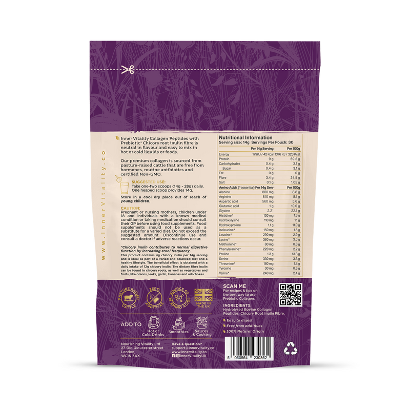 Inner Vitality Prebiotic Collagen Powder unflavoured 30 servings - British product