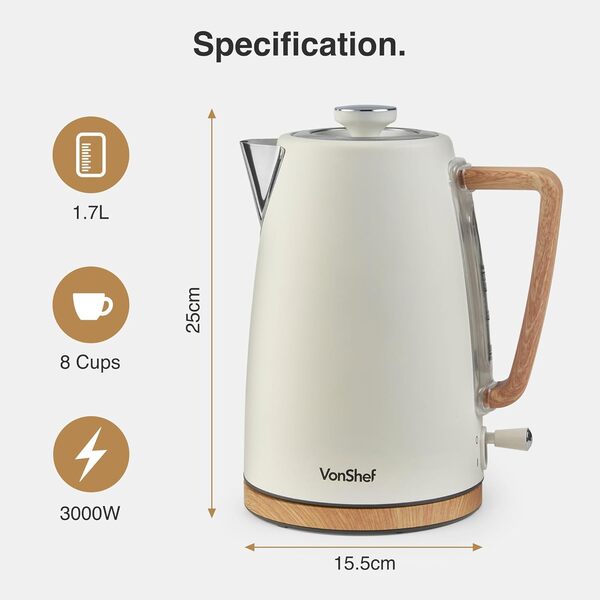 Vonhaus kettle and toaster set cream and wood finish (British brand)