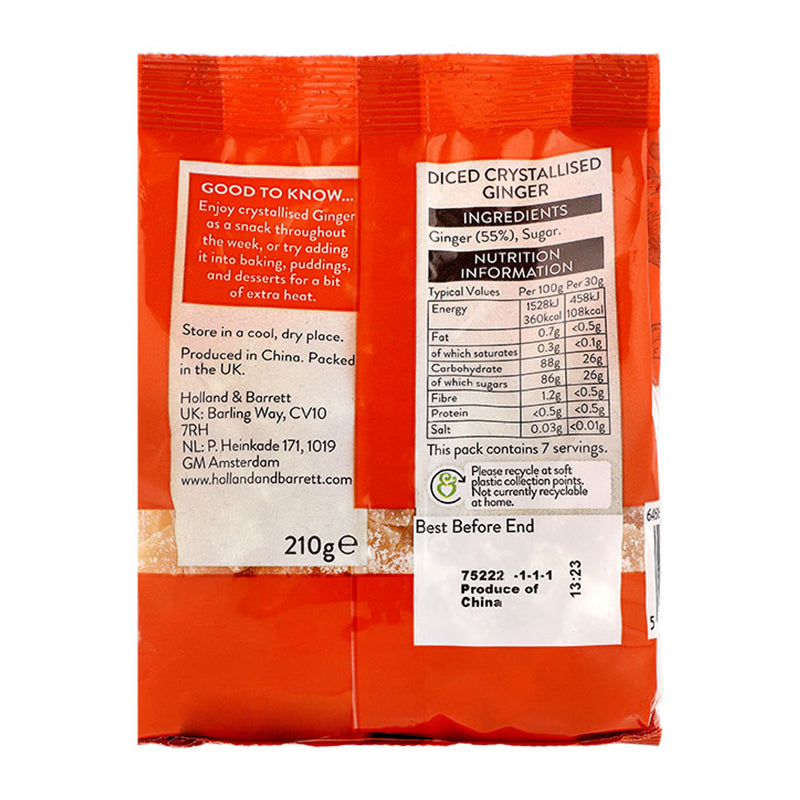 Holland & Barrett crystallised ginger 210g, imported from the UK