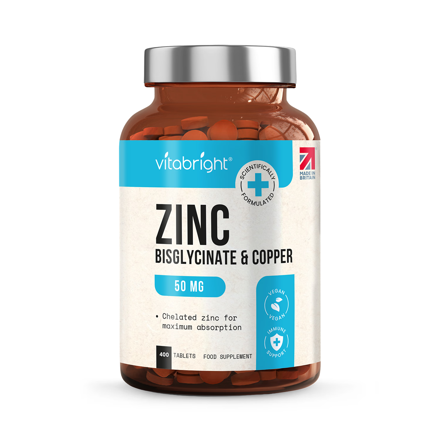 VitaBright Zinc Bisglycinate with Copper supplement 400 tablets, UK version