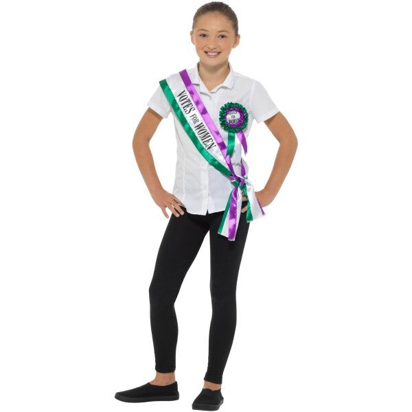 Smiffys Victorian Suffragette Kit sash rosette (British brand)