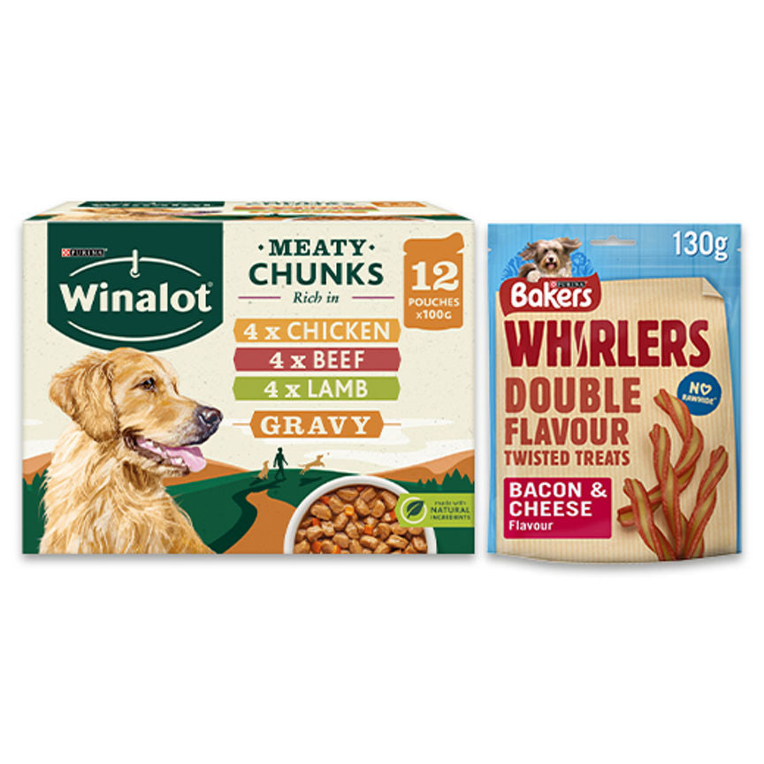 Winalot Dog Food Pouches Mixed in Gravy 12 Pack & Bakers Whirlers Treat