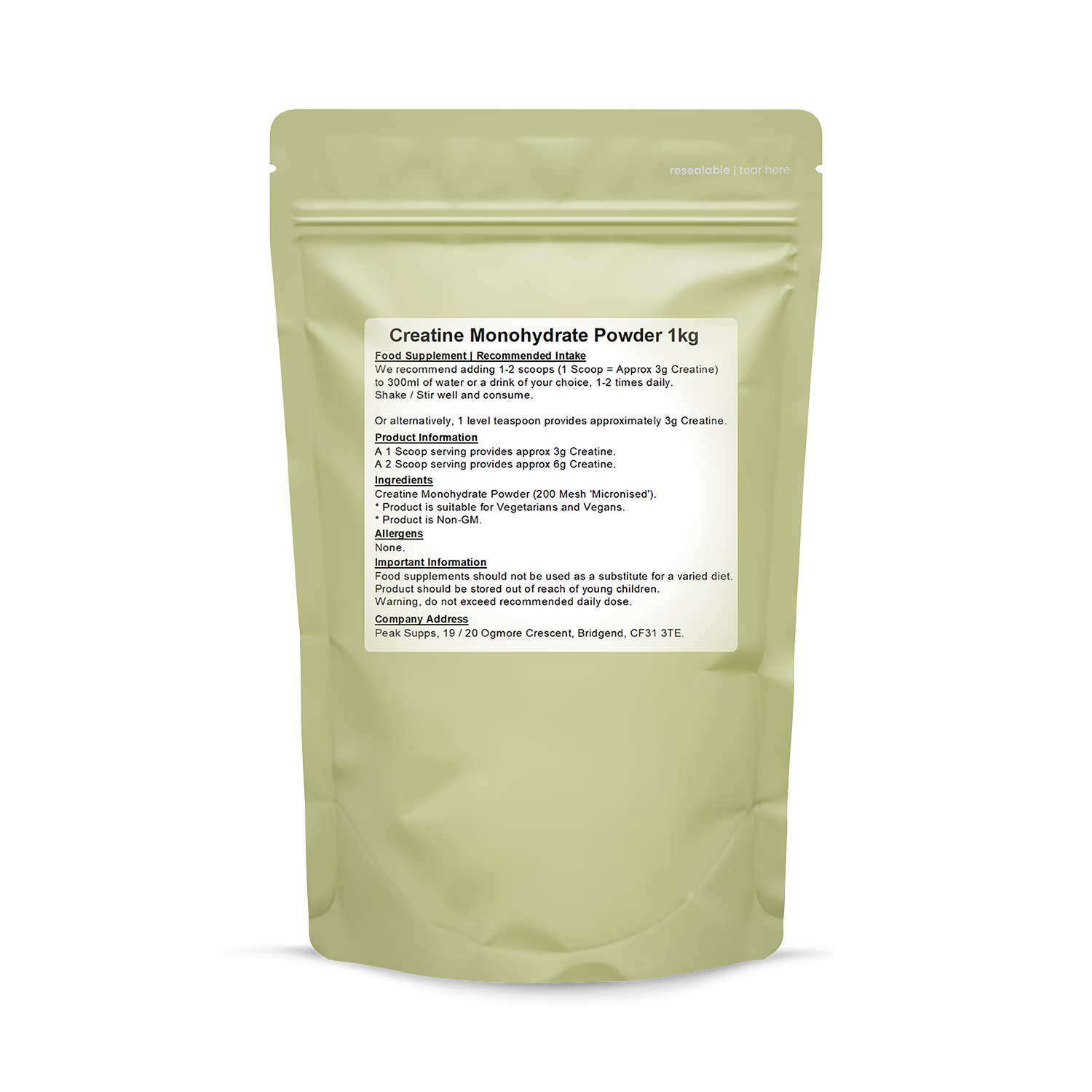 Peak Supps micronised creatine monohydrate powder 500g - British product