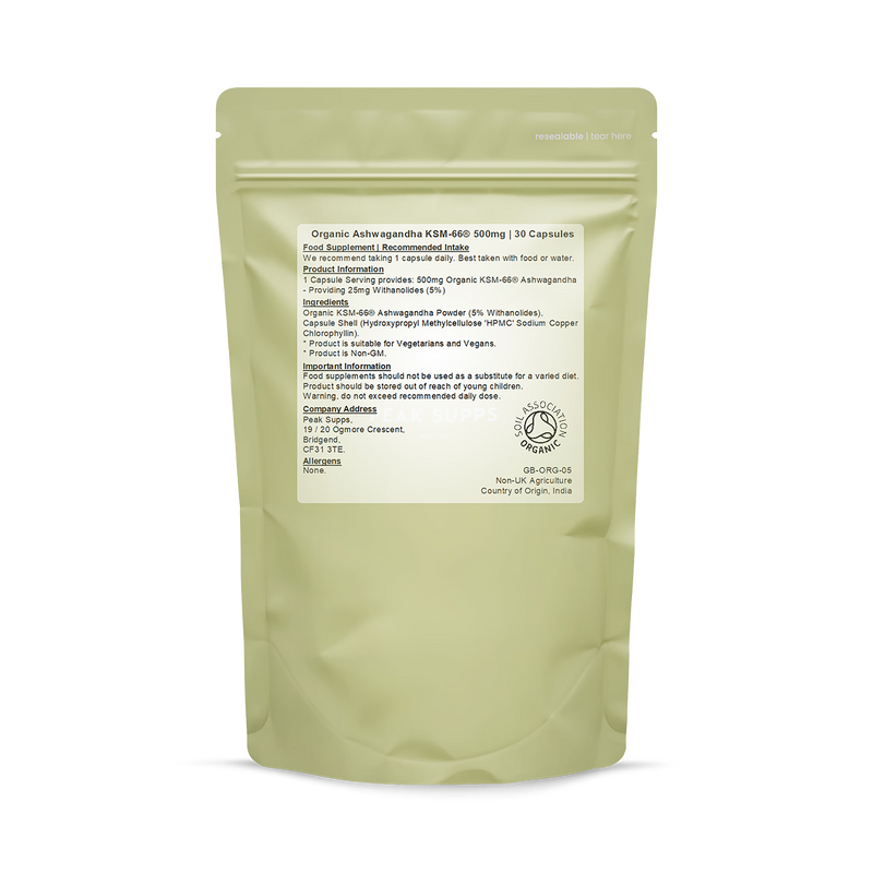 Peak Supps Organic Ashwagandha KSM-66 500mg capsules, imported from the UK