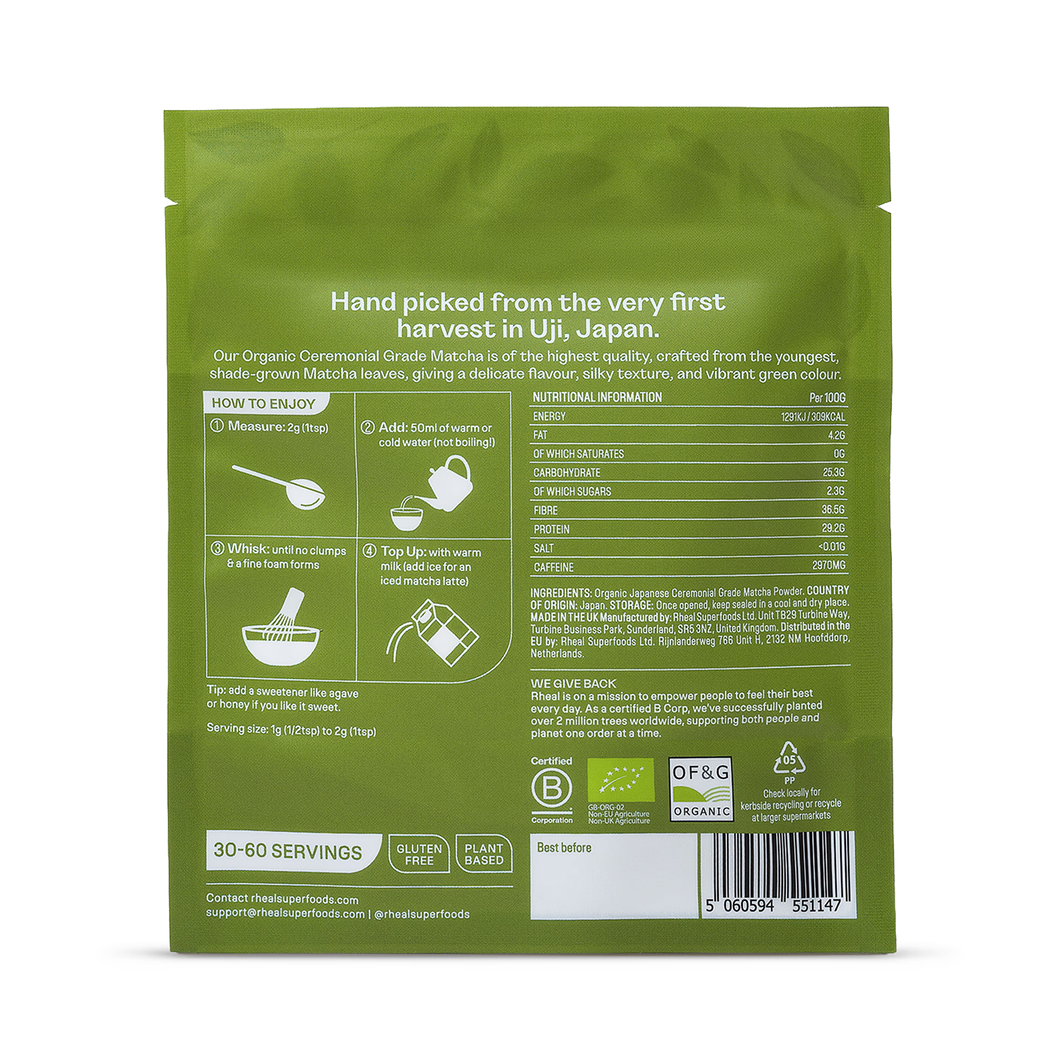 Rheal ceremonial grade matcha powder 60g (British brand)