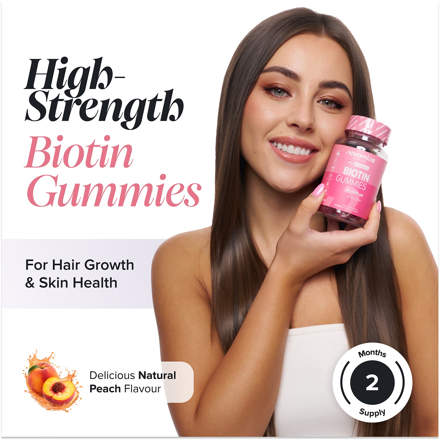 Novomins biotin gummies peach flavoured 60 gummies, imported from the UK