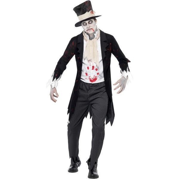 Smiffys zombie groom costume, black jacket, waistcoat, trousers, top hat (British brand)