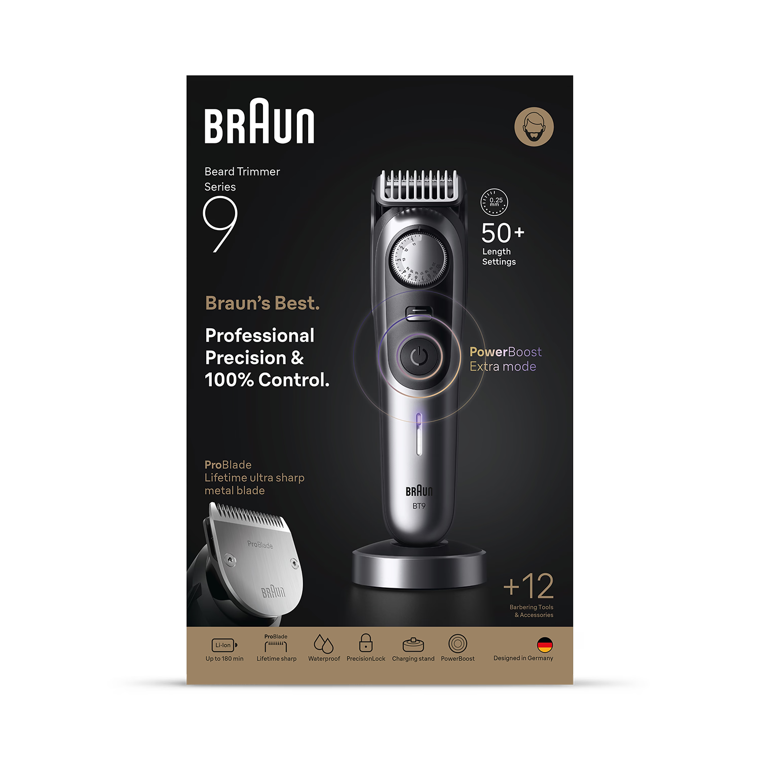 Braun Beard Trimmer Series 9, +12 Barbering Tools, 52 Lengths, ProBlade, BT9560, Chrome