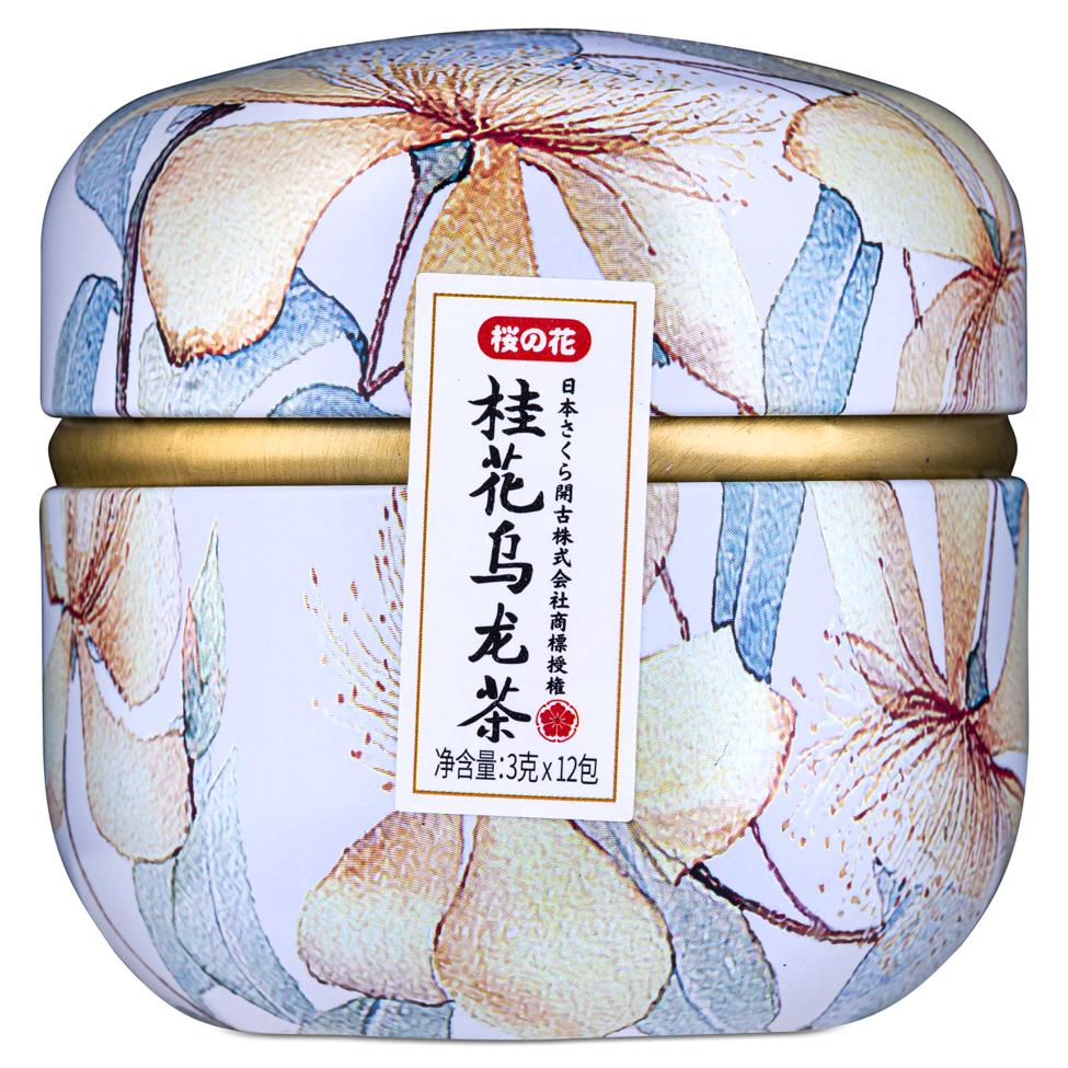 Kakoo osmanthus oolong tea bags in flower-patterned canister (British brand)