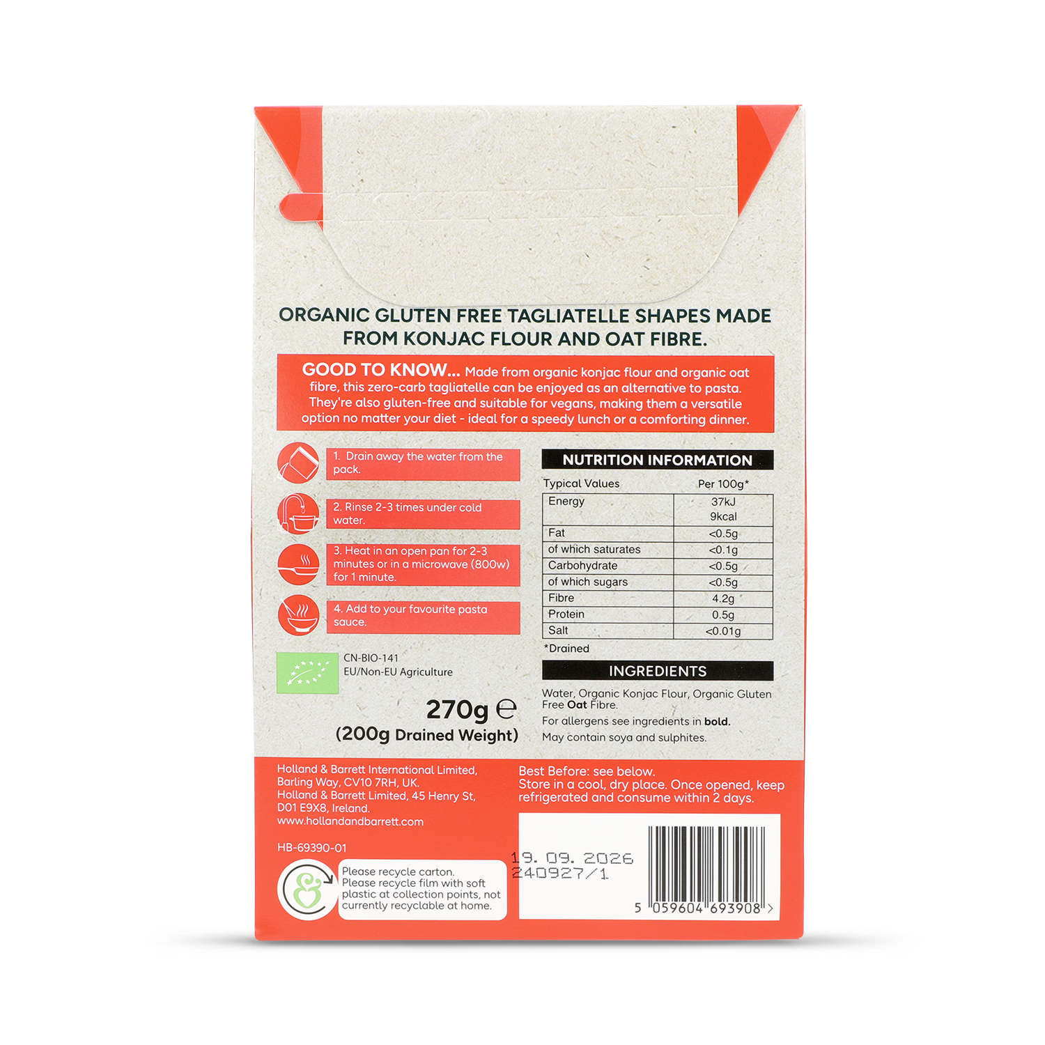 Holland & Barrett zero carb tagliatelle pasta 270g, UK version