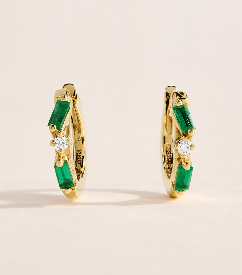 Suzanne Kalan yellow gold diamond emerald huggie earrings, imported from the UK