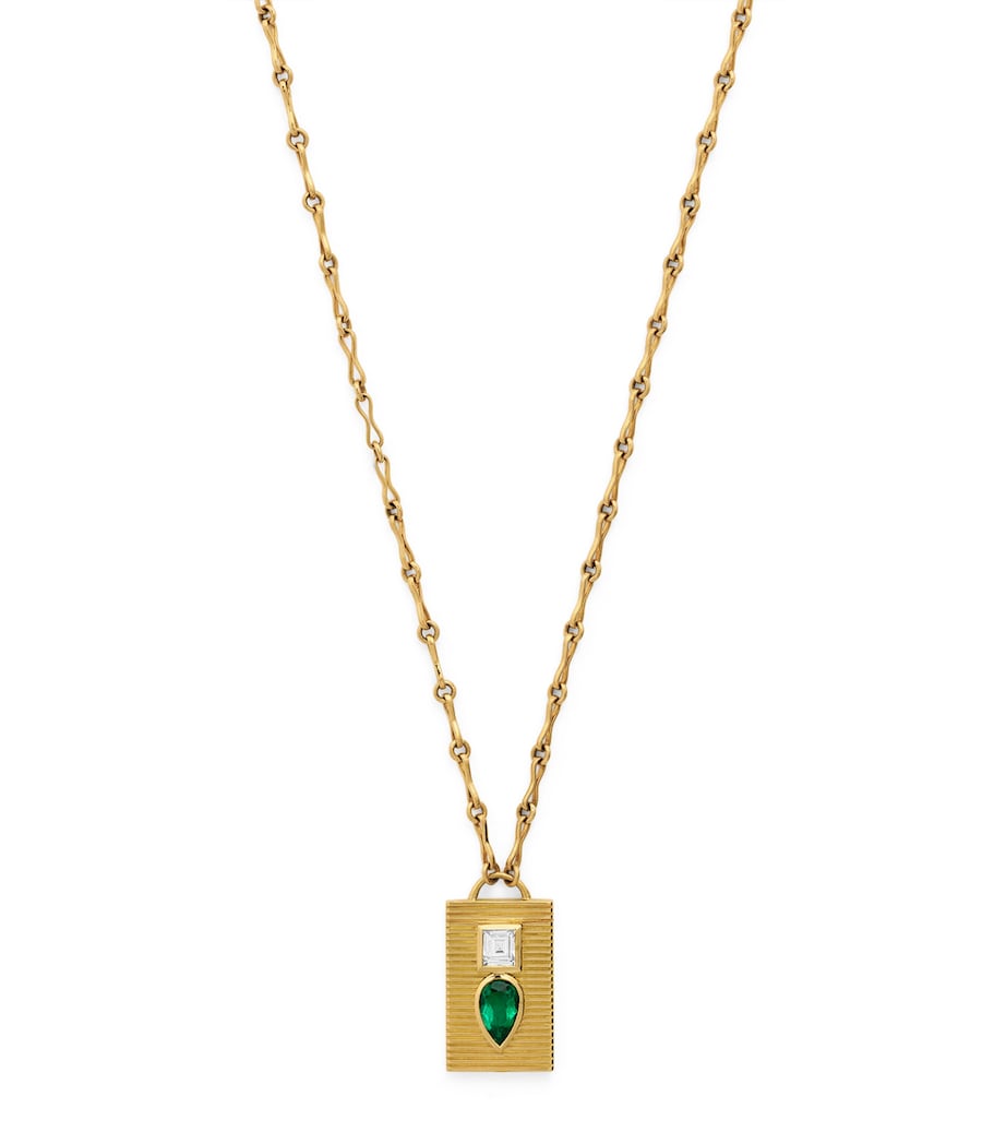 Azlee yellow gold diamond and emerald duet necklace - British product