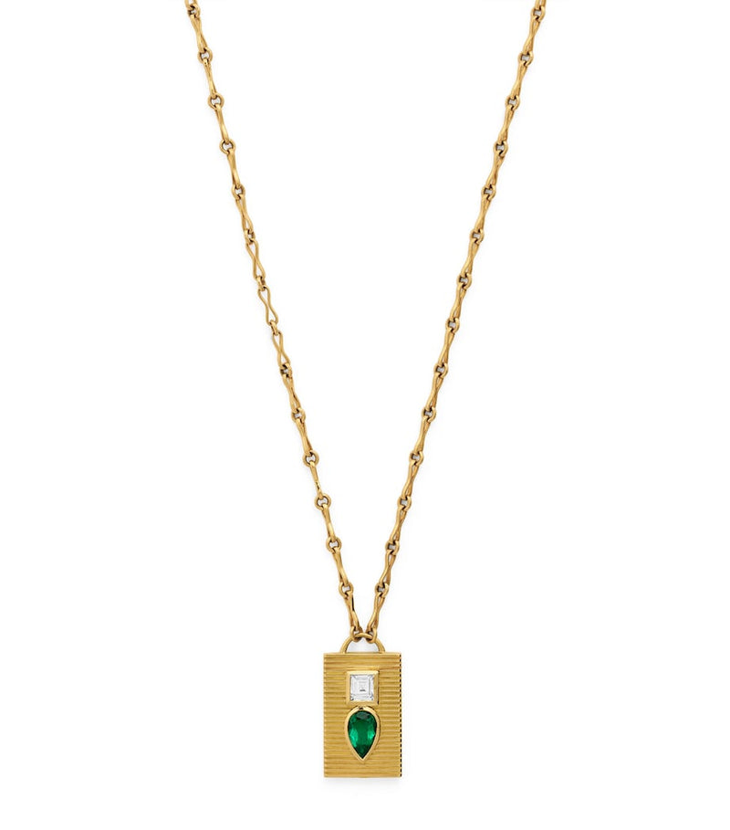 Azlee yellow gold diamond and emerald duet necklace - British product