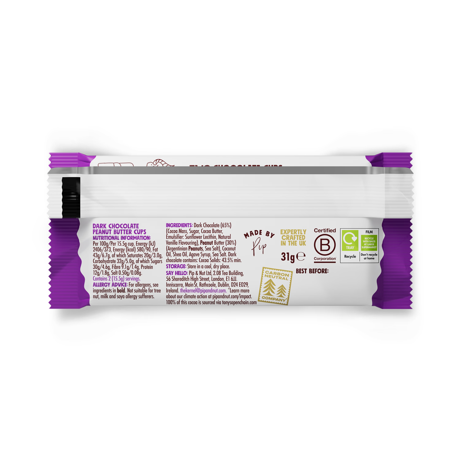 Pip & Nut dark chocolate peanut butter cups 31g, imported from the UK