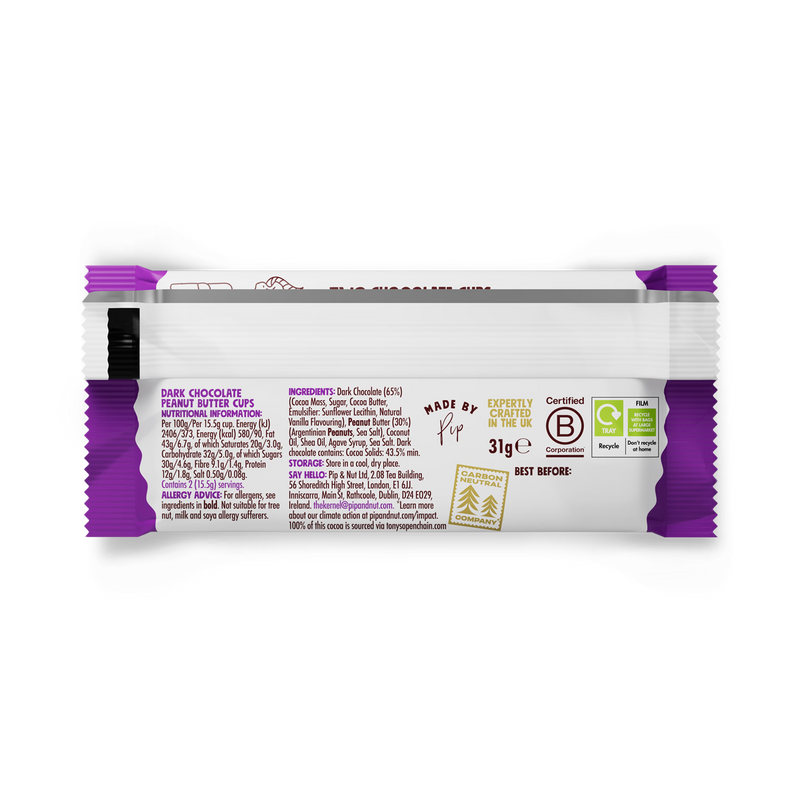 Pip & Nut dark chocolate peanut butter cups 31g, imported from the UK