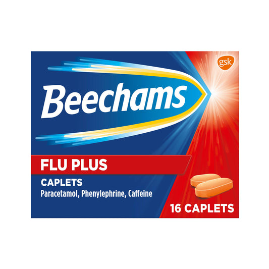 Beechams Flu Plus Cold Flus Caplets Pain & Congestion Relief x16 cough cold & flu Sainsburys   
