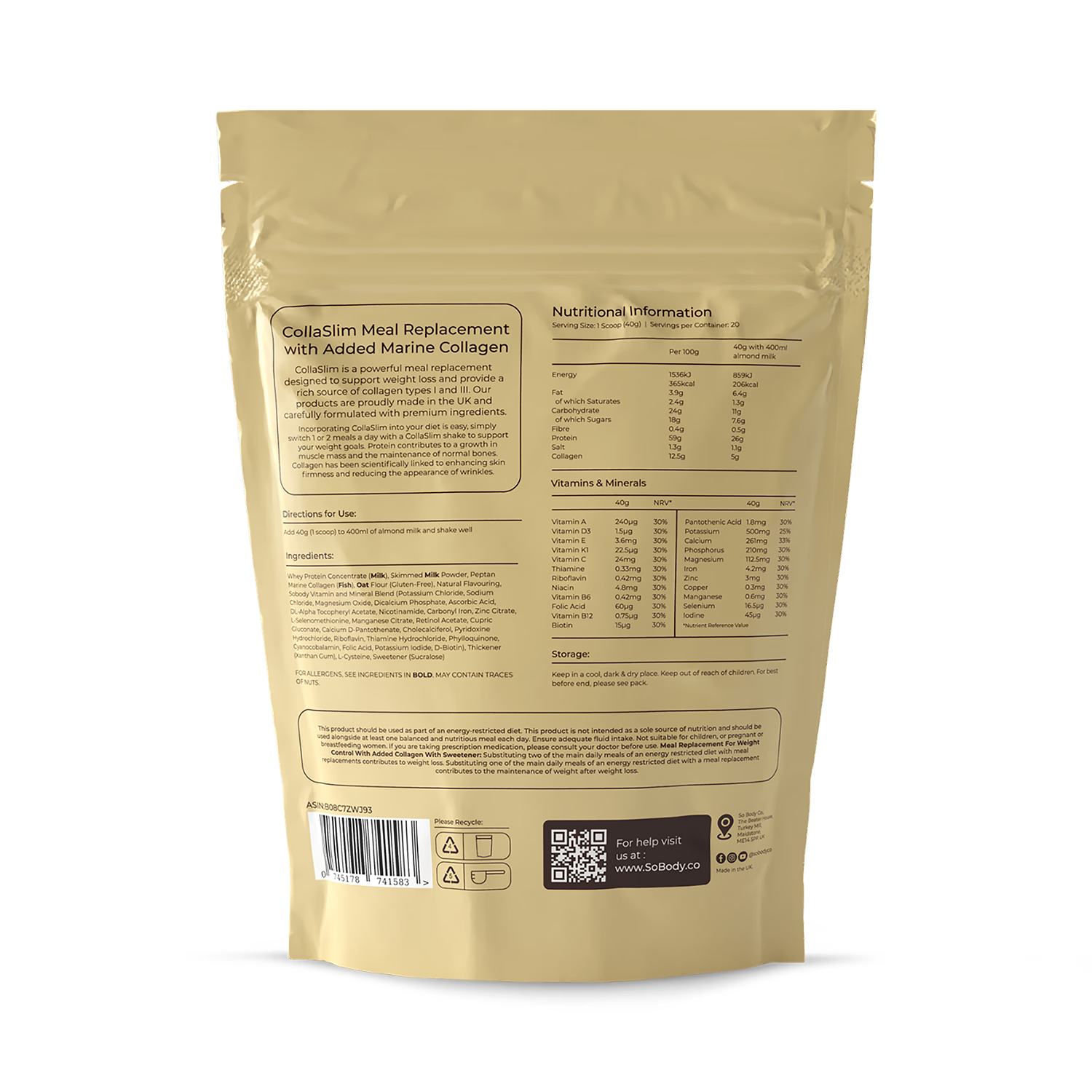 So Body Co CollaSlim vanilla meal replacement shake 40g - British product