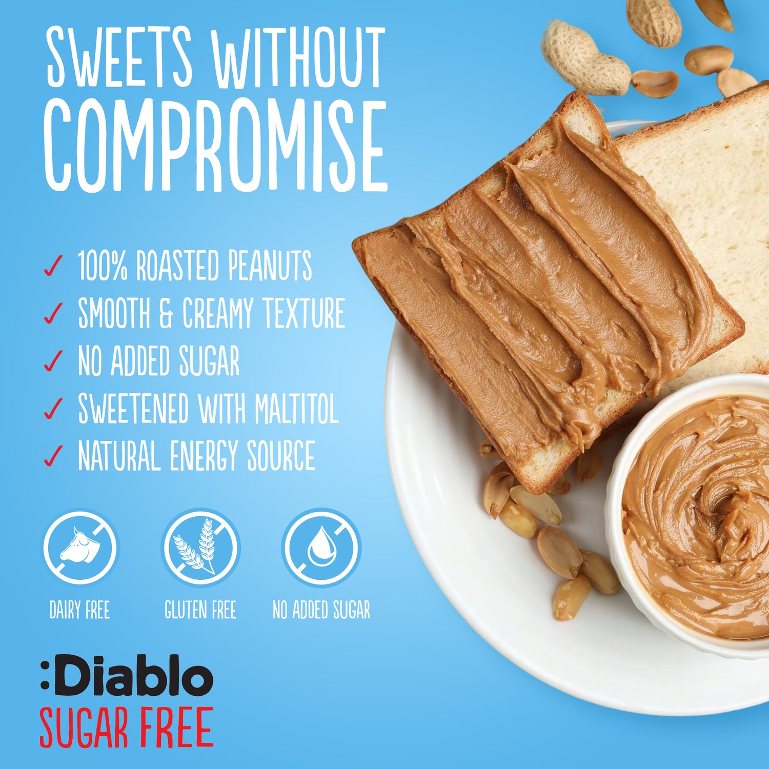 Diablo smooth peanut butter no added sugar 350g (British brand)