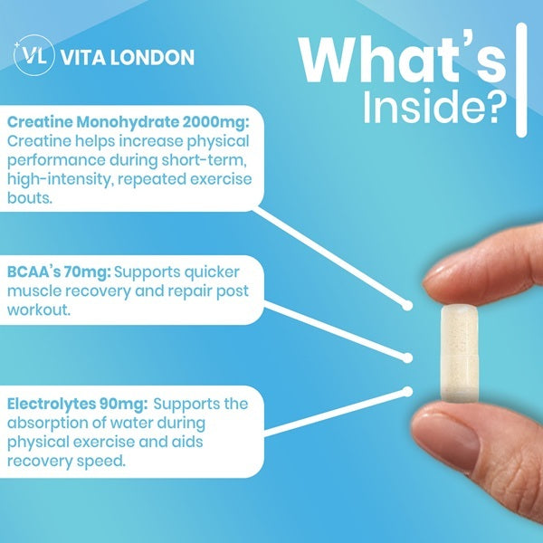 Vita London creatine supplement with BCAAs and electrolytes 120 capsules - British product