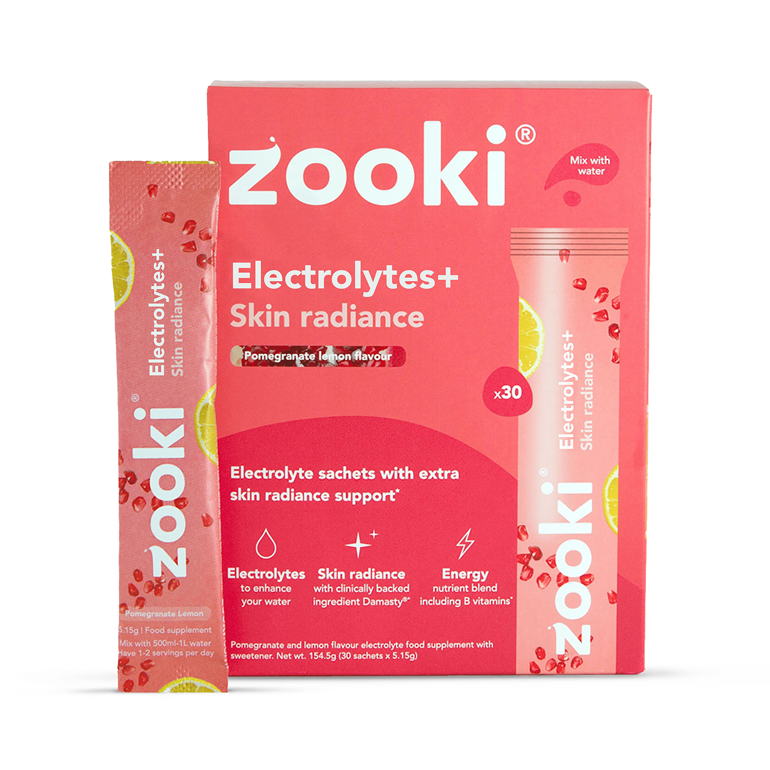 Zooki Electrolytes+ Skin Radiance pomegranate flavour 30 sachets, UK version