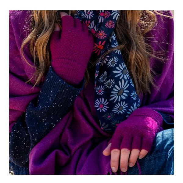 Gants sans doigts en tricot gaufré POM rose ou sarcelle, version UK
