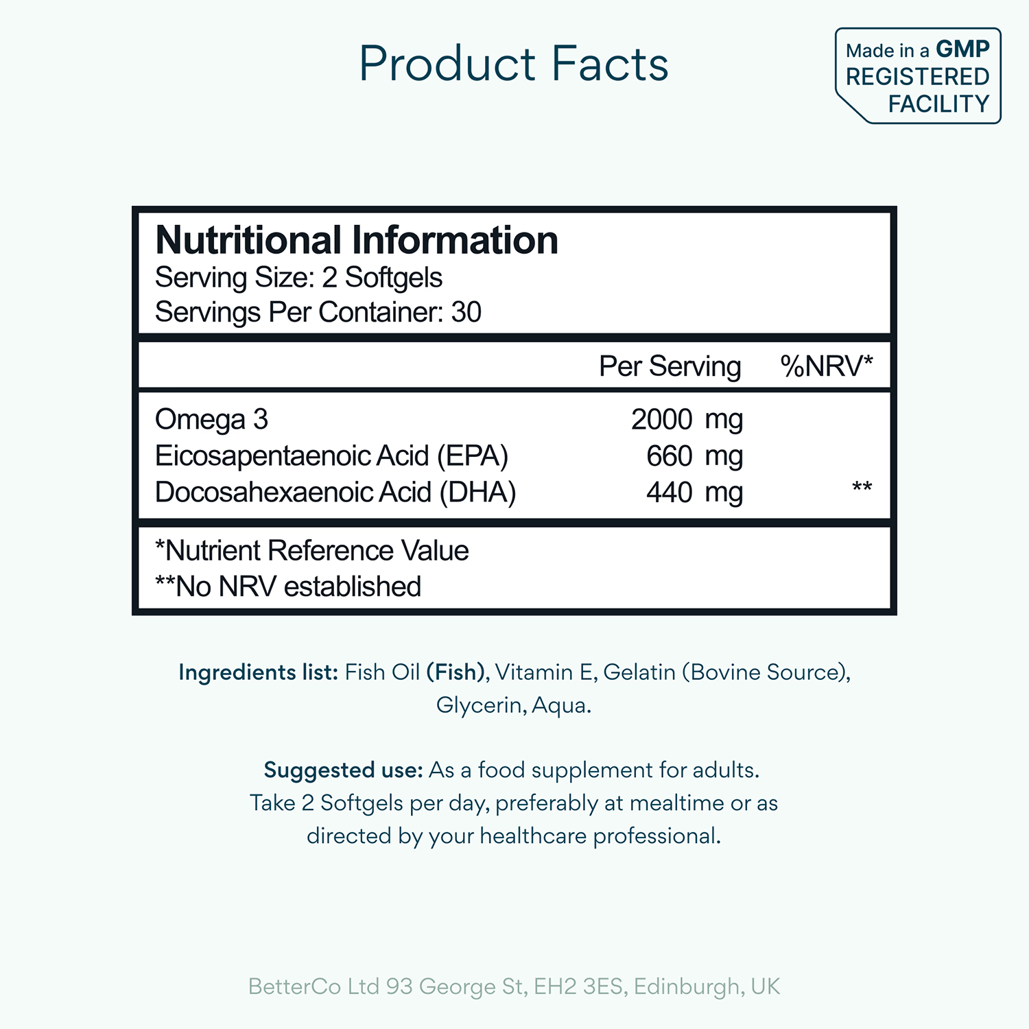 Bettervits Omega 3 softgels high EPA DHA 60 count - British product