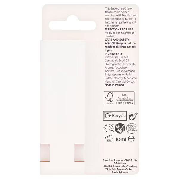 Superdrug Softening Cherry Lip Balm 10ml (British brand)