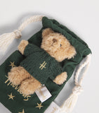 Harrods bear in pouch with green sweater (British brand)