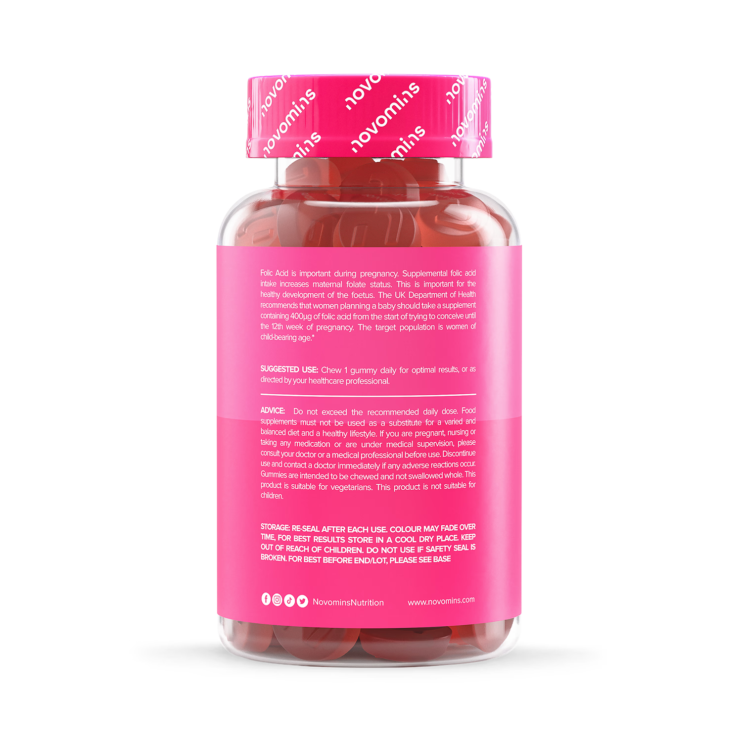 Novomins folic acid gummies peach 400µg 90 count - British product
