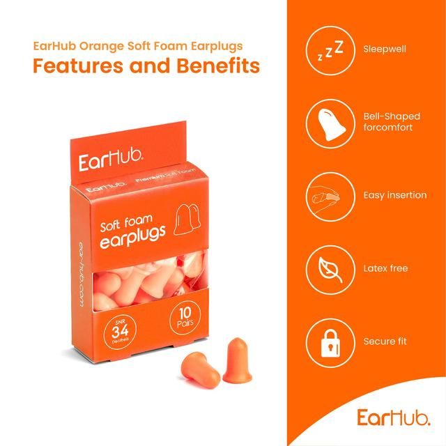 EarHub Premium Soft Orange Foam Earplugs   10 per pack