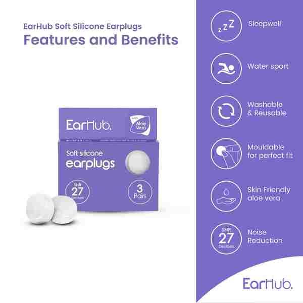 EarHub Soft Silicone Earplugs with Aloe Vera 3 Pair