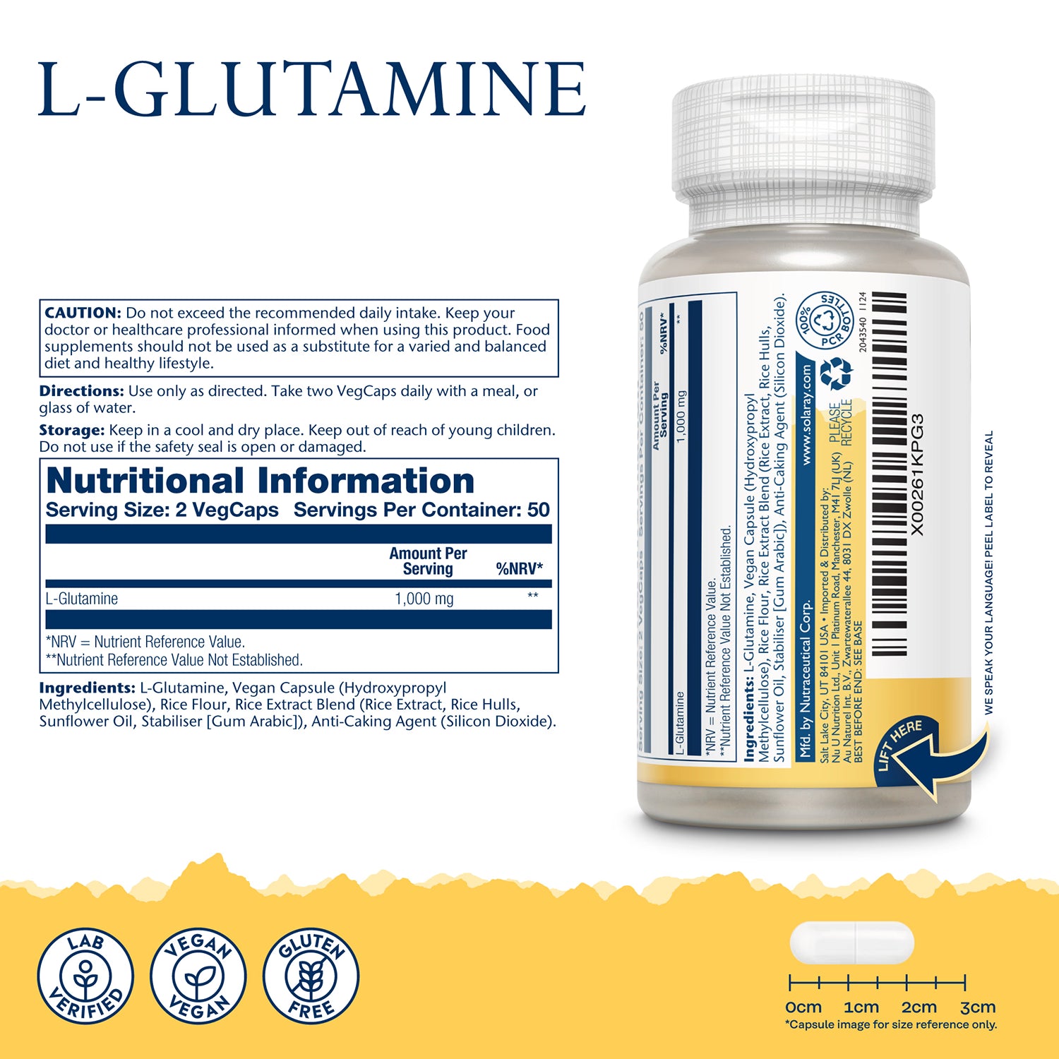 Solaray L-Glutamine 1000mg vegan capsules 100 count (British brand)