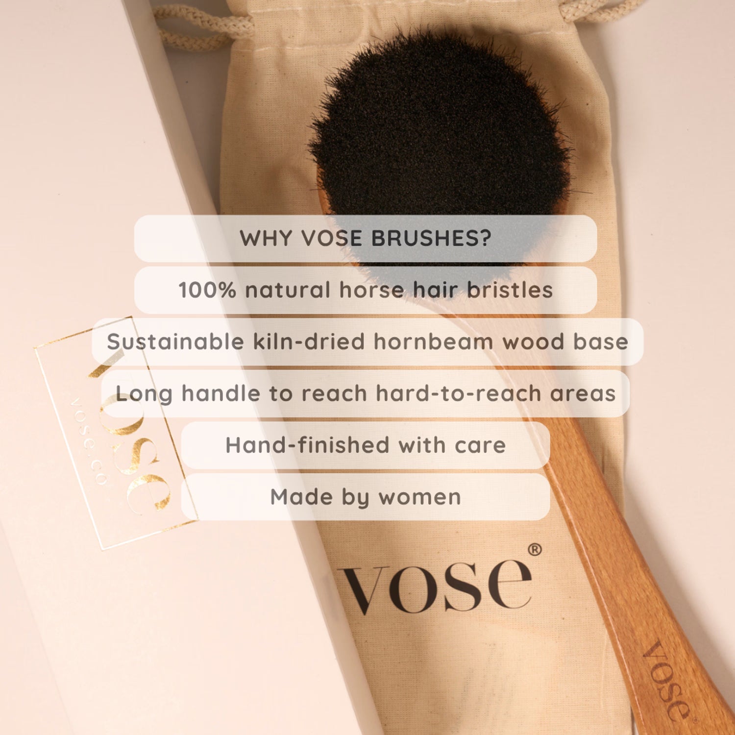 Horse hair dry body brush, hornbeam wood handle, UK version