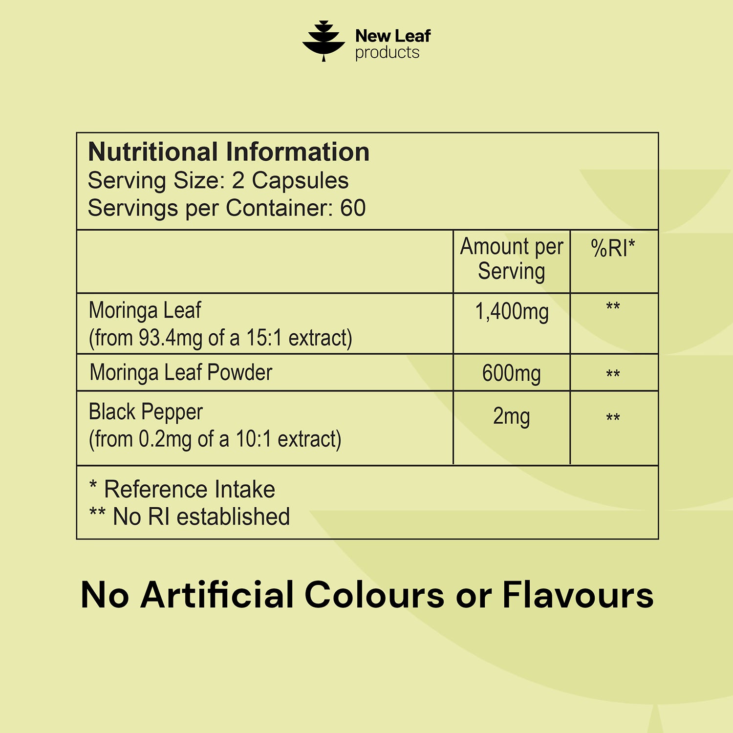 New Leaf Products moringa capsules with black pepper 120, UK version