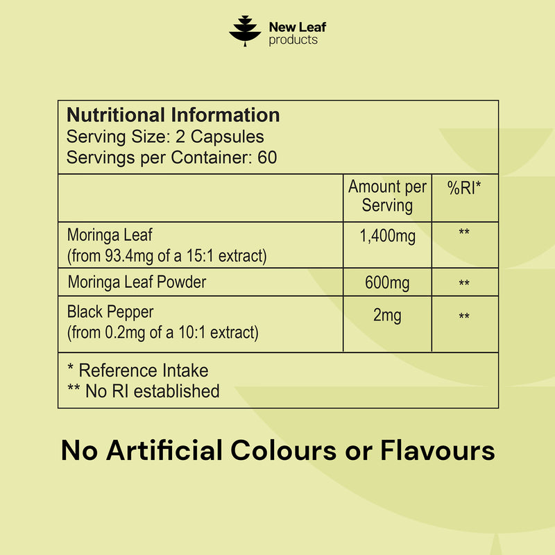 New Leaf Products moringa capsules with black pepper 120, UK version